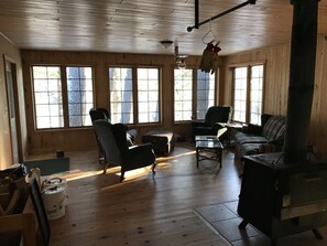 The living area, which is open to the kitchen.