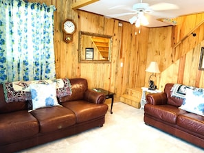 LR, smart tv, 2 leather couches, knotty pine, vaulted ceilings, lake views