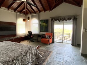TV, desk and balcony