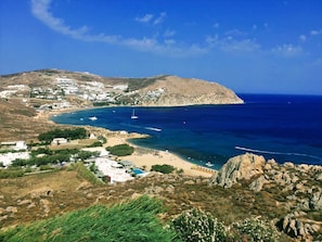View from the villa terrace over Agrari Beach and Elia Beach
