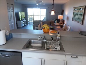 Kitchen view into living area