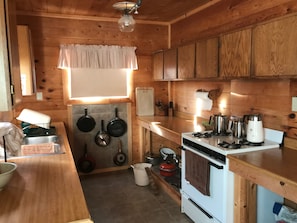 Here is the fully equipped kitchen. The window looks out to the waterfall.