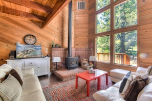 Living room with Roku TV (Netflix, Hulu, etc.) & woodstove