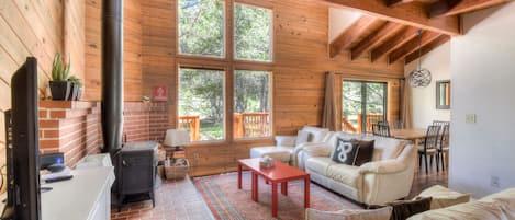 Cozy living room with wood stove fireplace