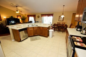 Large kitchen, stainless steel appliances