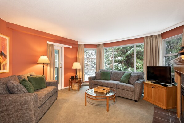 Cozy living area with gas fireplace and TV