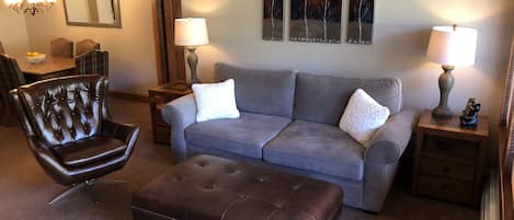 Living room with Pottery Barn furniture.  Sofa opens up to a queen mattress