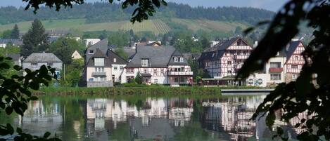 Blick auf das Fachwerkhaus vom anderen Moselufer