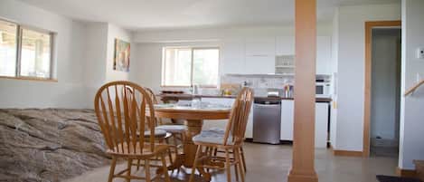 Open dining area near bedrock