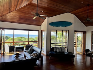 Main living area. Mahogany floors, ceilings, & decking throughout the villa.