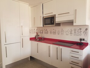 cocina con frigorifico, lavadora, microondas e induccion