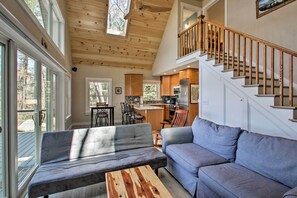 The cathedral ceilings make for a bright and airy living space.