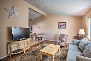 The interior features a charming rustic decor.
