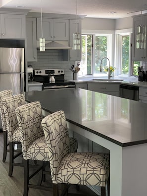 Custom Kitchen with quartz and large island.