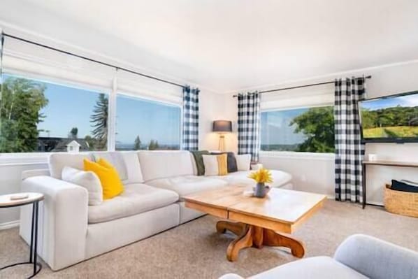 Large Living Room with Puget Sound and Mountain Views