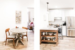 Dining area and a fully furnished kitchen with brand new appliances