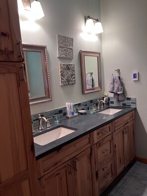 Master bath with two sinks, recently remodeled.