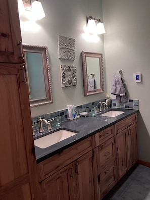 Master bath with two sinks, recently remodeled.