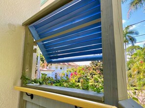 Going up the steps a blue privacy shutter gives a view grand homes