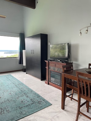 The living room has an electric fireplace with a 55" Smart TV & a DVD player