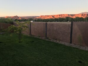 Backyard and mountains at sunset.