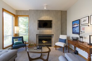 Cozy living room with fireplace and TV