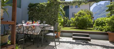 The terrace and the garden with view on the mountains