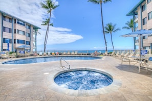 View of the Oceanfront Pool Area and Spa at the Kona Reef complex.