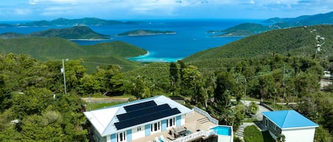 Aerial shot from backside of the house; Front of the house has North Shore views