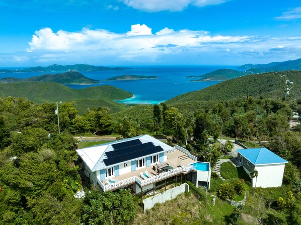 Aerial shot from backside of the house; Front of the house has North Shore views