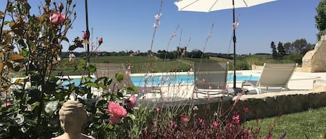 Pool and gardens with view of Chateau de Mansencome 