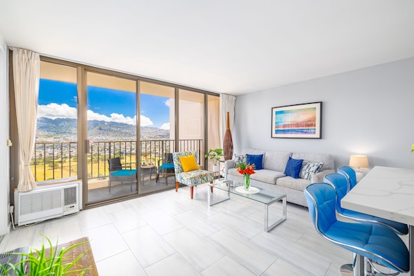 Cozy and modern looking style living room with panoramic mountain views!