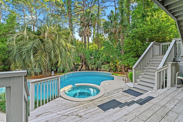 Back of house with sunny pool & spa (additional charge to heat both pool & spa)
