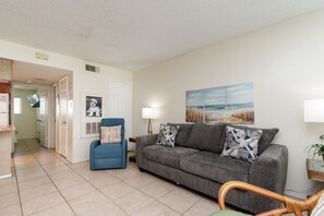 Cozy living area with queen size sleeper sofa