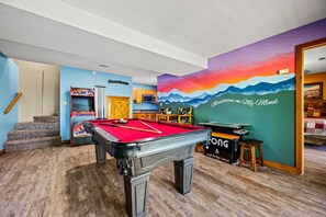 Game Room with Virtual Pinball Table, Slate Pool Table, 60-1 Multicade Arcade Cabinet, 65" Smart TV with Xbox One