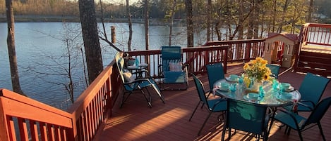 Back Deck with 3 Stairs Down to Ground Level and another Stair down to Lake