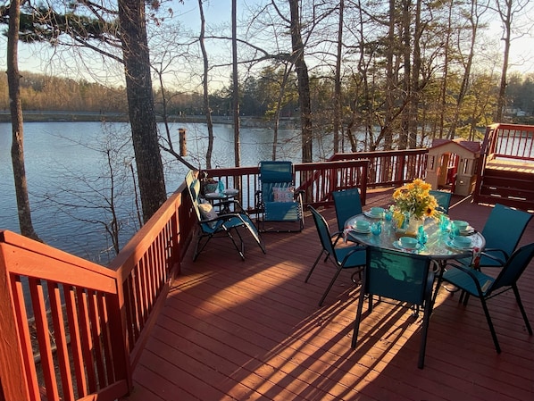 Back Deck with 3 Stairs Down to Ground Level and another Stair down to Lake