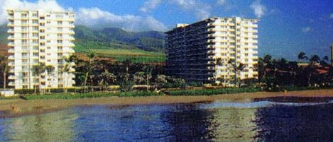 The iconic Whaler Towers as seen from out in the blue Pacific 