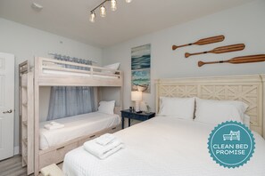Sleep better at Padre Escapes with our exclusive Clean Bed Promise; providing fresh linens, comforters, and towels washed at high temperatures exceeding CDC recommendations, setting us apart for a truly restful vacation
