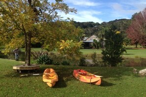 From the jetty looking back, 2 single & 2 double kayaks available for hire