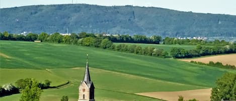 Rittersheim, Kirchturm mit Blick auf den  "Donnersberg"