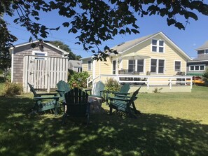 Guest house, main house, outdoor shower and fire pit