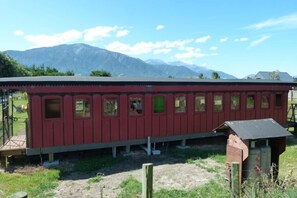 Train Carriage - rear view showing mountain view