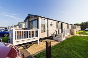 8 berth accommodation with decking at Caister Haven Holiday Park