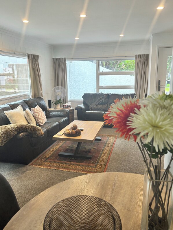 Lounge with TV looking out to the courtyard.  Heatpump for climate control
