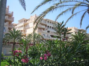 View of apartment block from near golf course