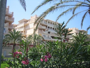 View of apartment block from near golf course