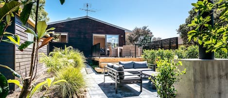 Front patio and fireplace.