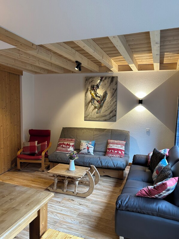 Living room. Couch converts to double bed