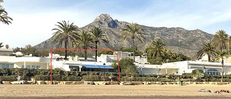 Villa overlooking  promenade and beach (outlined in red)